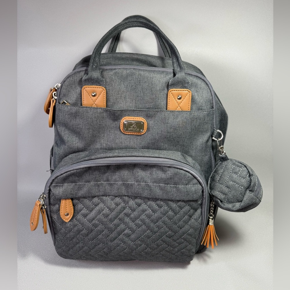 Dikaslon Chic Quilted Gray Backpack Diaper Bag with Tan Accents